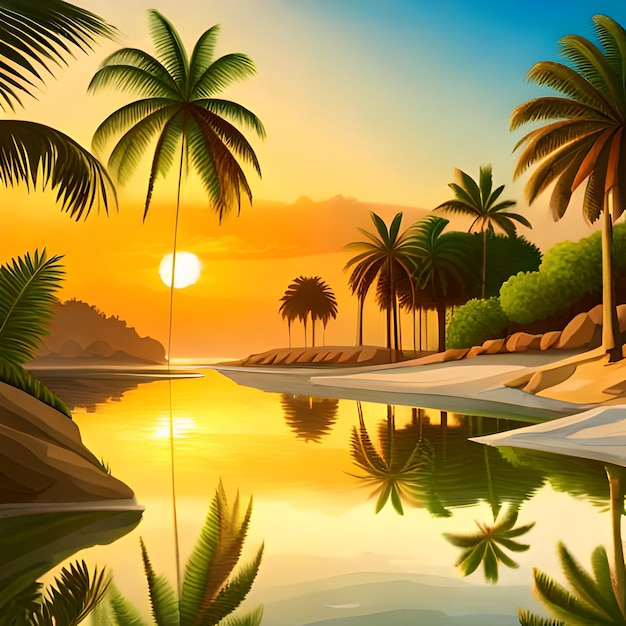 Ein Gemälde eines Strandes mit Palmen und dem Sonnenuntergang im Hintergrund.