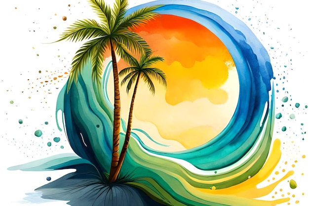 Ein Gemälde eines Strandes mit Palmen und der Sonne