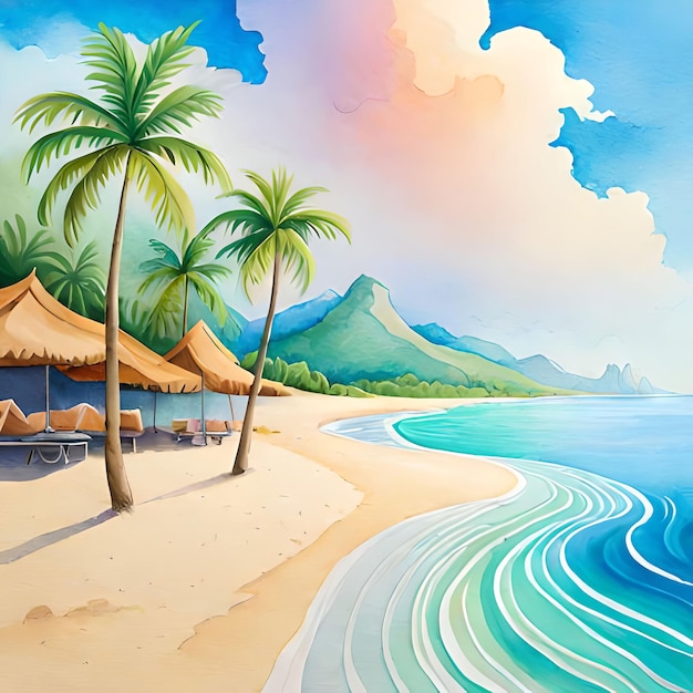 Ein Gemälde eines Strandes mit Strandszene und Palmen.