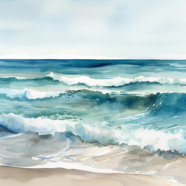 Ein Gemälde eines Strandes mit Wellen, die auf den Sand schlagen.