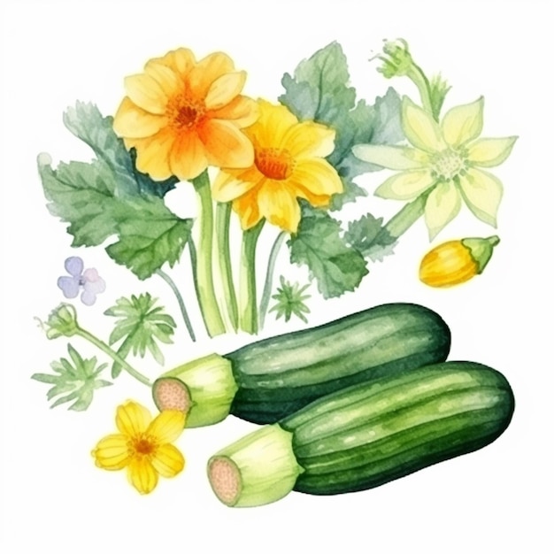 Ein Gemälde eines Straußes Zucchini und Blumen auf weißem Hintergrund, generative KI