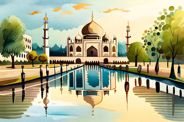 Ein Gemälde eines Taj Mahal mit einem See und Bäumen im Vordergrund.