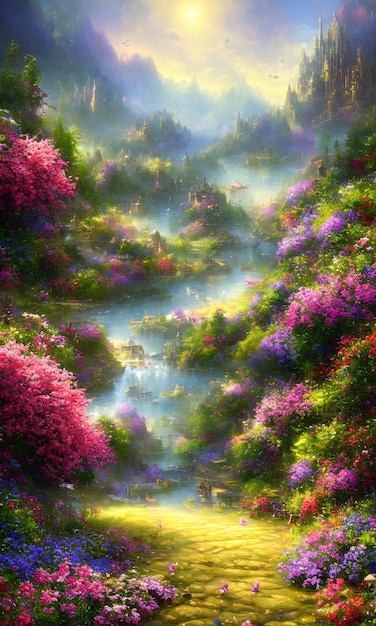 Ein Gemälde eines Tals mit Blumen und einer Brücke im Hintergrund ist eine generierte Kunst