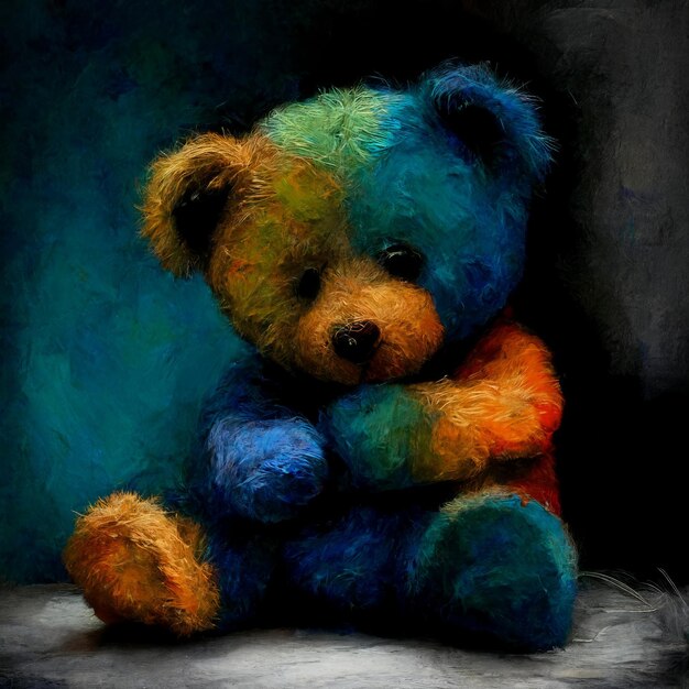 Ein Gemälde eines Teddybären mit einem blauen und orangefarbenen Mantel.