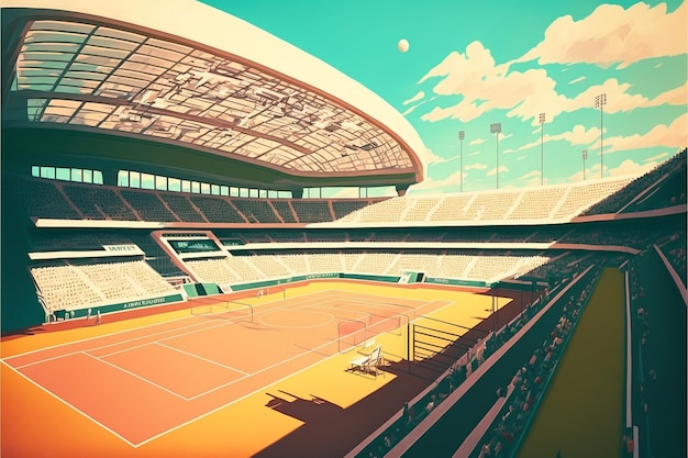 ein Gemälde eines Tennisplatzes mit einem Tennisball im Hintergrund.