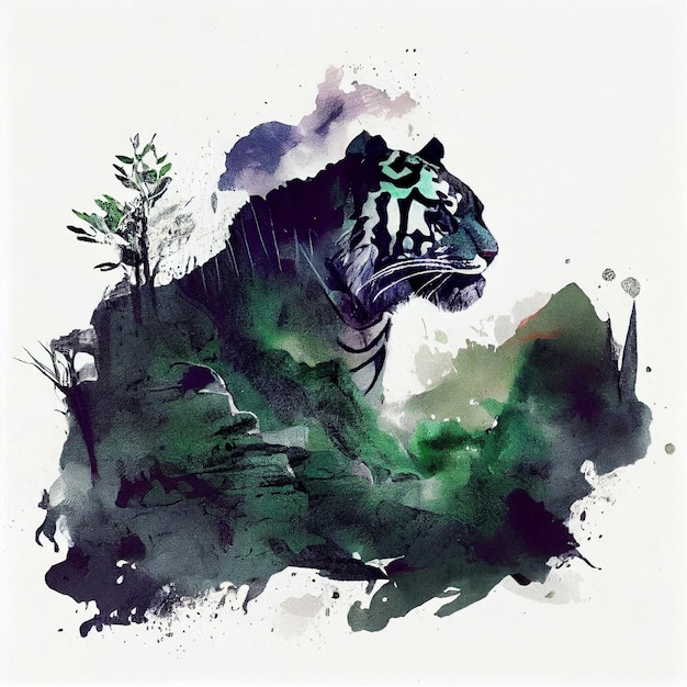 Ein Gemälde eines Tigers mit grünem Hintergrund und einem blau-weißen Tiger auf der linken Seite.