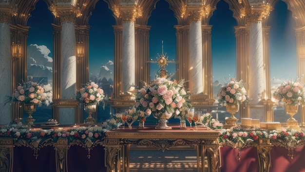 Ein Gemälde eines Tisches mit Blumen und einer Kirche mit einem Berg im Hintergrund.