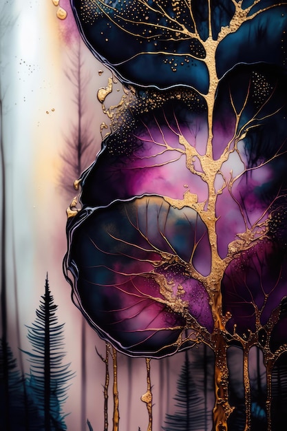 Ein Gemälde eines violetten Baums mit den Worten „Wald“ darauf