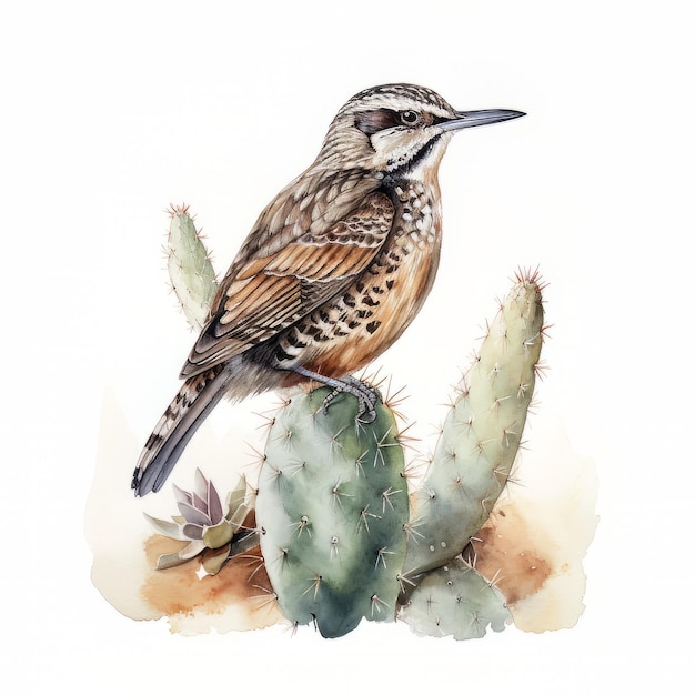 Ein Gemälde eines Vogels auf einem Kaktus