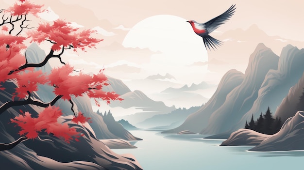 ein Gemälde eines Vogels, der über einen Fluss und Berge fliegt