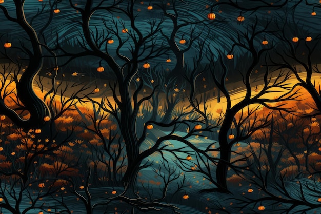 ein Gemälde eines Waldes bei Nacht mit Bäumen und Glühwürmchen