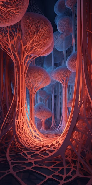 Ein Gemälde eines Waldes mit blauem Hintergrund und eines Waldes mit Bäumen und den Worten „Wald“