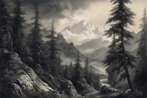 Ein Gemälde eines Waldes mit einem Berg im Hintergrund.