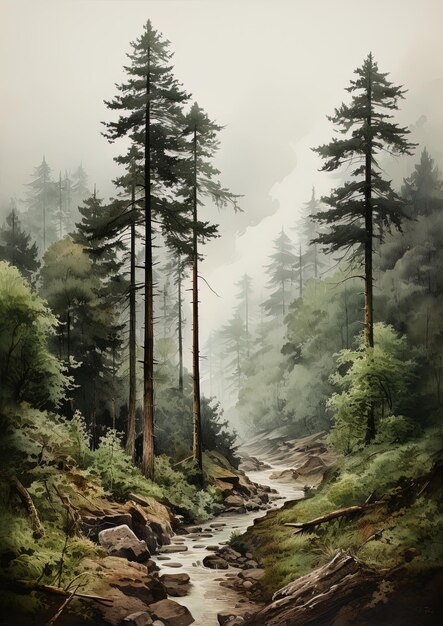 ein Gemälde eines Waldes mit einem Strom, der durch ihn fließt