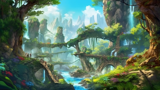 Ein Gemälde eines Waldes mit einem Wasserfall und einer Brücke