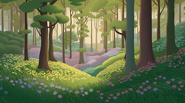 Ein Gemälde eines Waldes mit lila Blumen auf dem Boden.