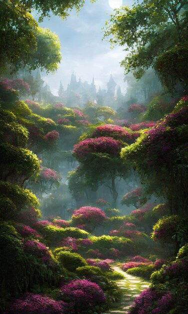 Ein Gemälde eines Waldes mit lila Blumen