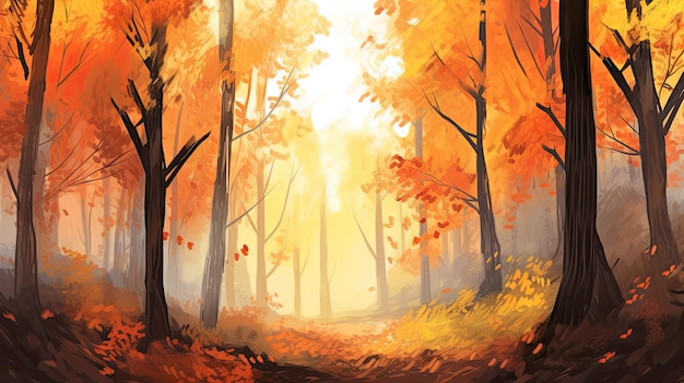ein Gemälde eines Waldes mit orangefarbenen Blättern