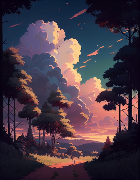 Ein Gemälde eines Waldes mit Sonnenuntergang und einem Reh am Horizont.