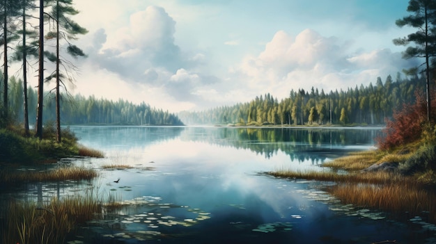 ein Gemälde eines Waldsees mit einem Wald im Hintergrund.