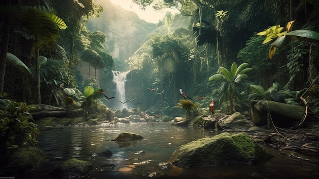 Ein Gemälde eines Wasserfalls im Dschungel