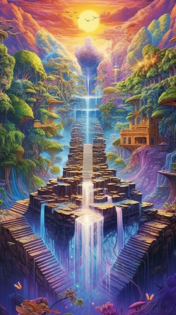 Ein Gemälde eines Wasserfalls in einem Wald, aus dem ein Wasserfall herauskommt, generative KI