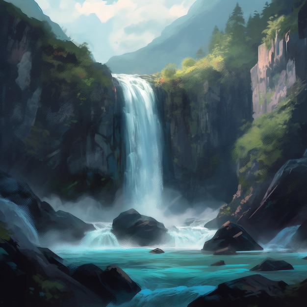 Ein Gemälde eines Wasserfalls mit der untergehenden Sonne dahinter