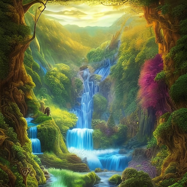 Ein Gemälde eines Wasserfalls mit einem Baum in der Mitte