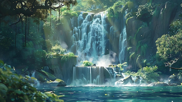 ein Gemälde eines Wasserfalls mit einem Bild eines Wasserfalls im Hintergrund
