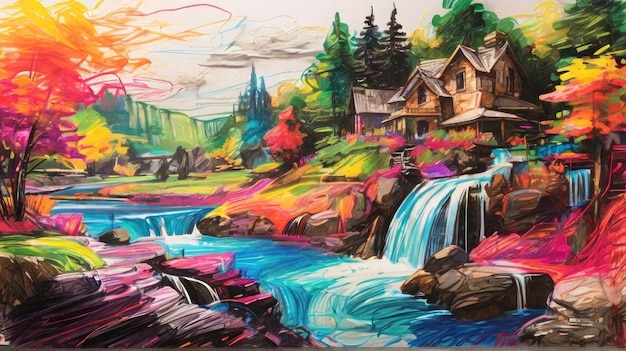 ein Gemälde eines Wasserfalls mit einem Haus auf der Seite und einem Haus im Hintergrund
