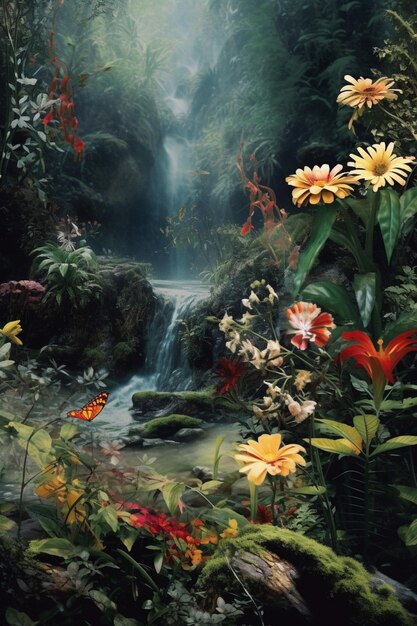 Ein Gemälde eines Wasserfalls mit einem Schmetterling darauf
