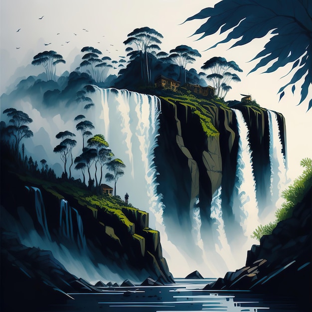 Ein Gemälde eines Wasserfalls mit einem Wasserfall im Hintergrund.