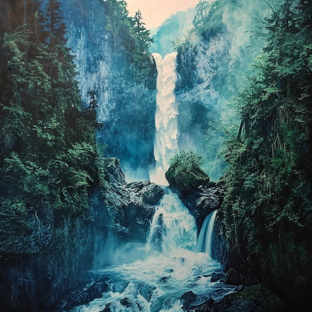 ein Gemälde eines Wasserfalls mit einem Wasserfall im Hintergrund