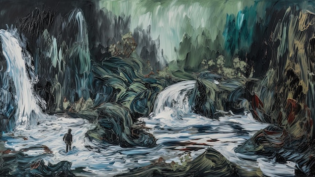 Ein Gemälde eines Wasserfalls mit grünem Hintergrund und ein Schwarz-Weiß-Gemälde eines Wasserfalls.