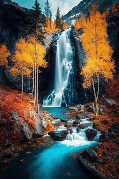 Ein Gemälde eines Wasserfalls mit Herbstlaub auf der Unterseite