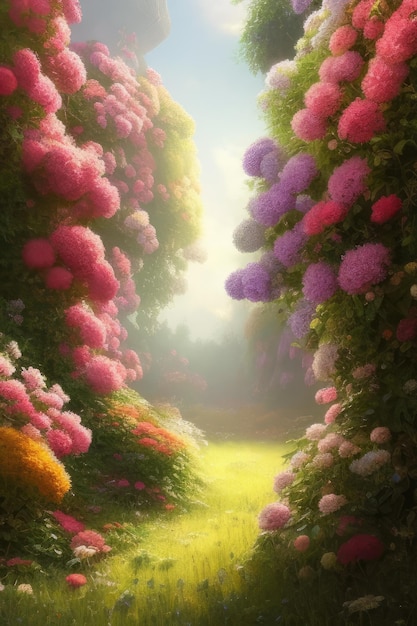 Ein Gemälde eines Weges, der zu einem Garten mit Blumen führt.