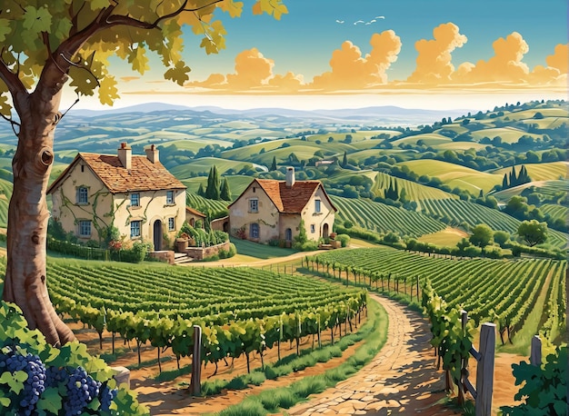 ein Gemälde eines Weinbergs auf dem Land