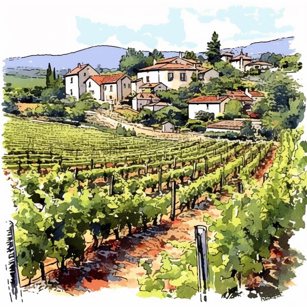 Ein Gemälde eines Weinbergs mit einem Dorf im Hintergrund, generative KI