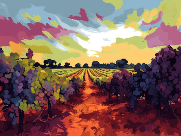 Ein Gemälde eines Weinbergs mit einem Sonnenuntergang im Hintergrund.