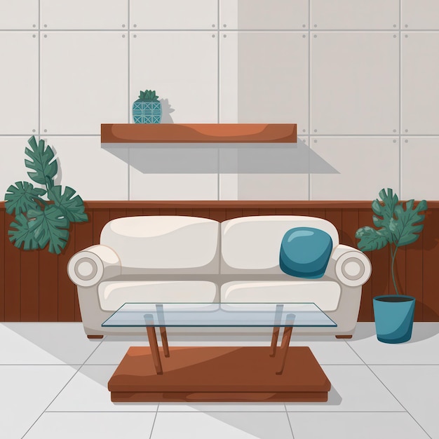 ein Gemälde eines Wohnzimmers mit einem Sofa und einer Pflanze auf dem Regal