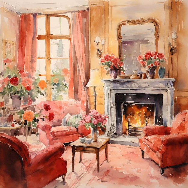 ein Gemälde eines Wohnzimmers mit Kamin und Blumen