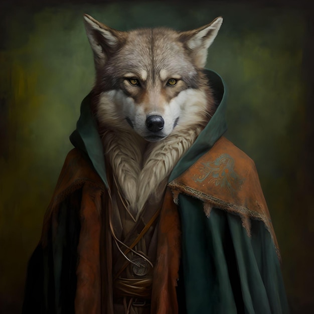 Ein Gemälde eines Wolfes, der einen Mantel und einen Umhang trägt.