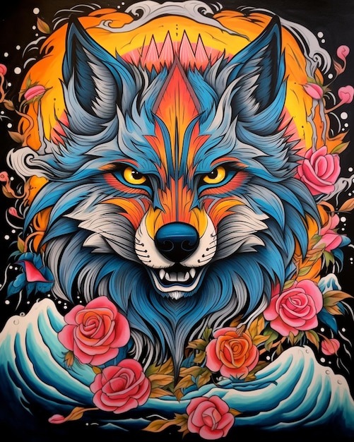 Ein Gemälde eines Wolfes mit Rosen und Wellen auf schwarzem Hintergrund, generative KI