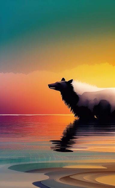 Ein Gemälde eines Wolfs im Wasser mit einem Sonnenuntergang im Hintergrund.