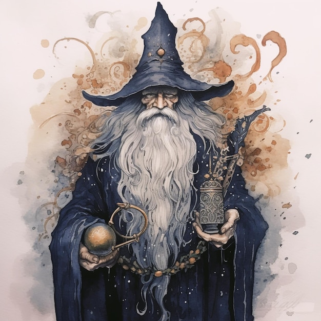 Ein Gemälde eines Zauberers mit langem weißen Bart und Hut.