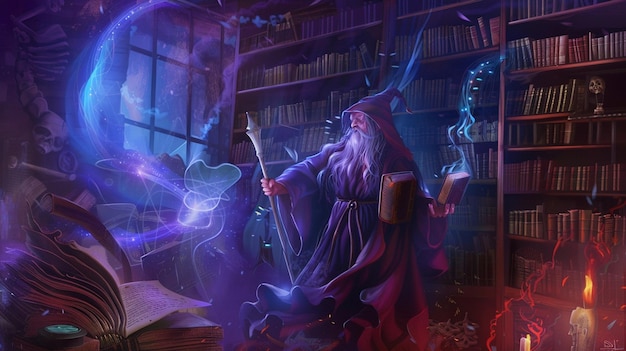 ein Gemälde eines Zaubers, der ein Buch mit einem Buch im Hintergrund liest