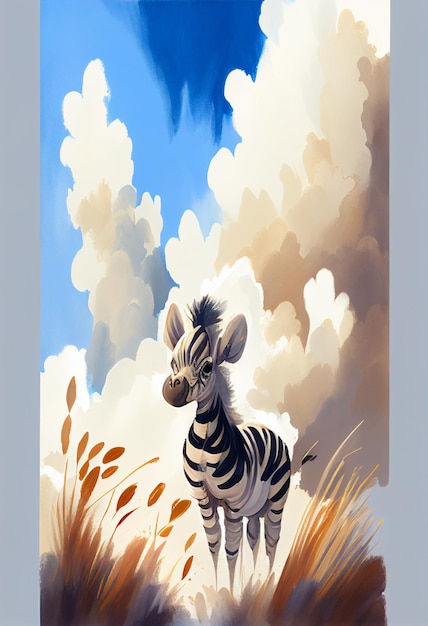 Ein Gemälde eines Zebras in einem Feld aus Gras und Wolken.