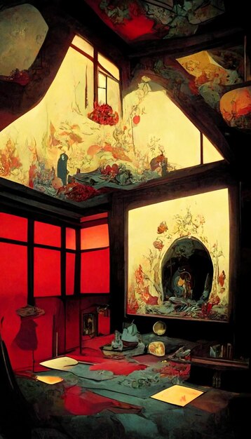 Ein Gemälde eines Zimmers mit Kamin und einem Kamin im chinesischen Stil.