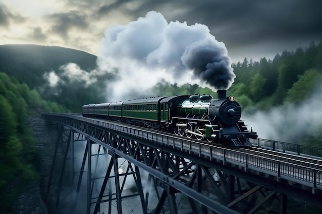 Ein Gemälde eines Zuges auf einer Bahnstrecke. Die Dampflokomotive bewegt sich entlang der Brücke über den Arm in großer Höhe entlang der Eisenbahnschienen. Rauchwolken aus dem Schornstein eines Retro-Zugs