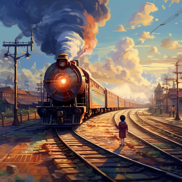 ein Gemälde eines Zuges mit einer Person, die auf den Gleisen steht.